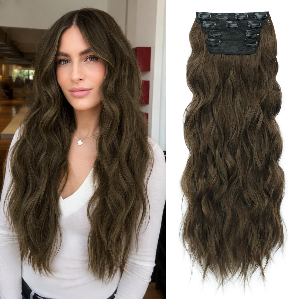 ALXNAN Long Wavy Clip in Hair Extensions 24" Light Chestnut Brown front view