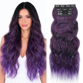ALXNAN Long Wavy Clip-in Hair Extensions 24" Ombre Purple Brown front view