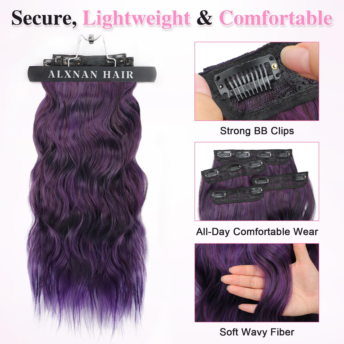 ALXNAN Long Wavy Clip-in Hair Extensions 24" styled for a party look