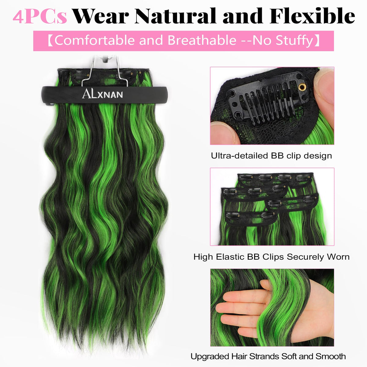 ALXNAN Long Wavy Clip in Hair Extensions close-up of clips