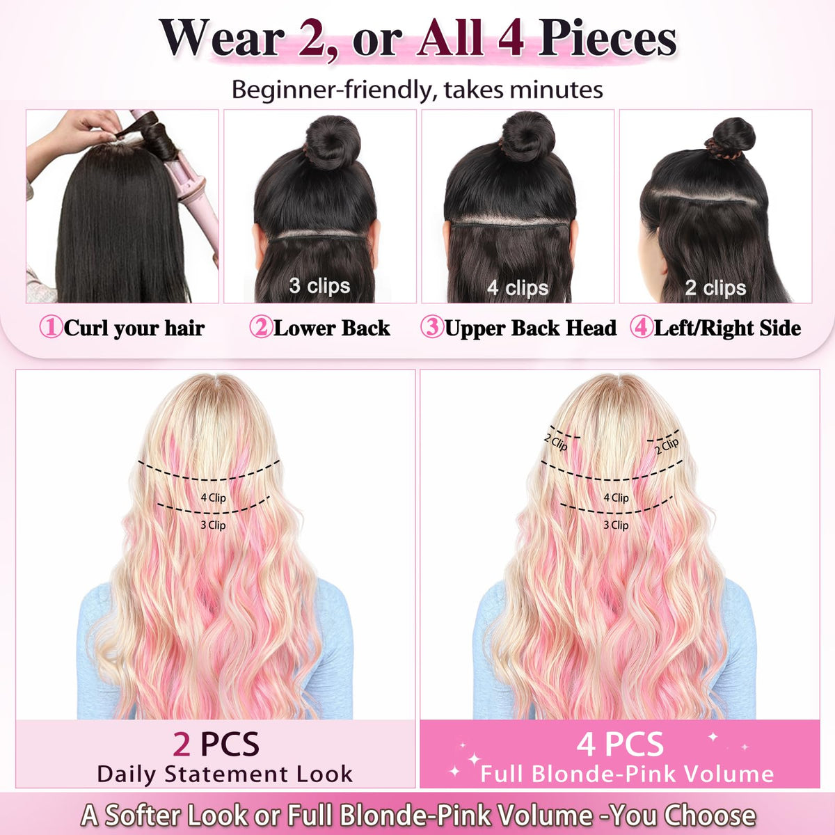 ALXNAN Long Wavy Clip in Hair Extensions in natural light