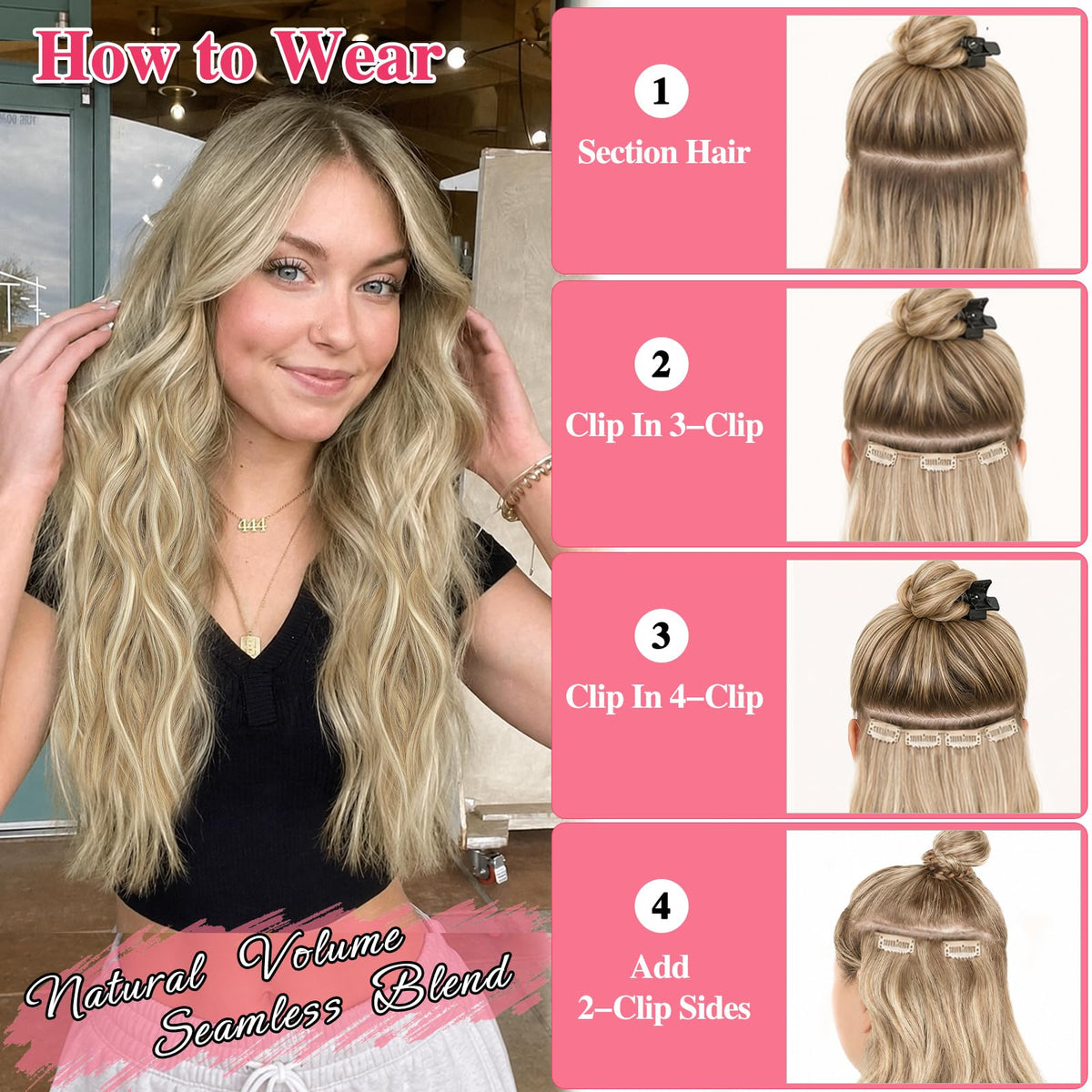 ALXNAN Long Wavy Clip in Hair Extensions in natural light