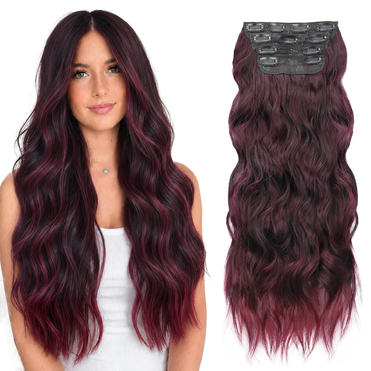 ALXNAN Long Wavy Clip-in Hair Extensions in Ombre Burgundy front view