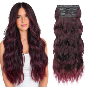ALXNAN Long Wavy Clip-in Hair Extensions in Ombre Burgundy front view