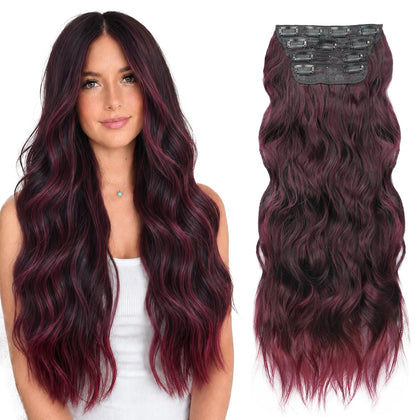 ALXNAN Long Wavy Clip-in Hair Extensions in Ombre Burgundy front view