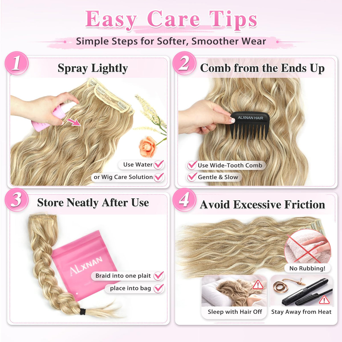 ALXNAN Long Wavy Clip in Hair Extensions showing texture