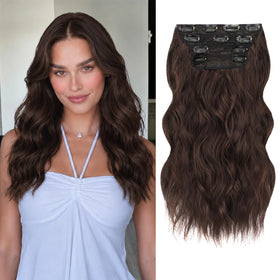 ALXNAN Wavy Clip in Hair Extensions 16" Chocolate Brown front view