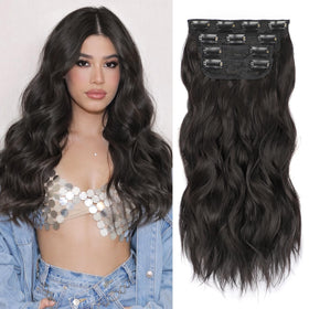 ALXNAN Wavy Clip in Hair Extensions 16 inch Black Brown front view