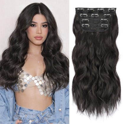 ALXNAN Wavy Clip in Hair Extensions 16 inch Black Brown front view