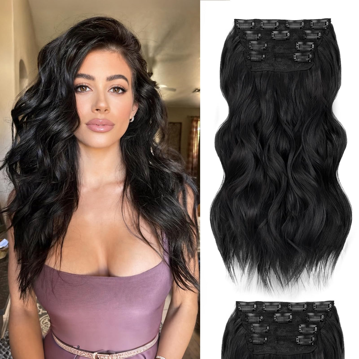 ALXNAN Wavy Clip in Hair Extensions 16-inch black front view