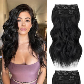 ALXNAN Wavy Clip in Hair Extensions 16-inch black front view
