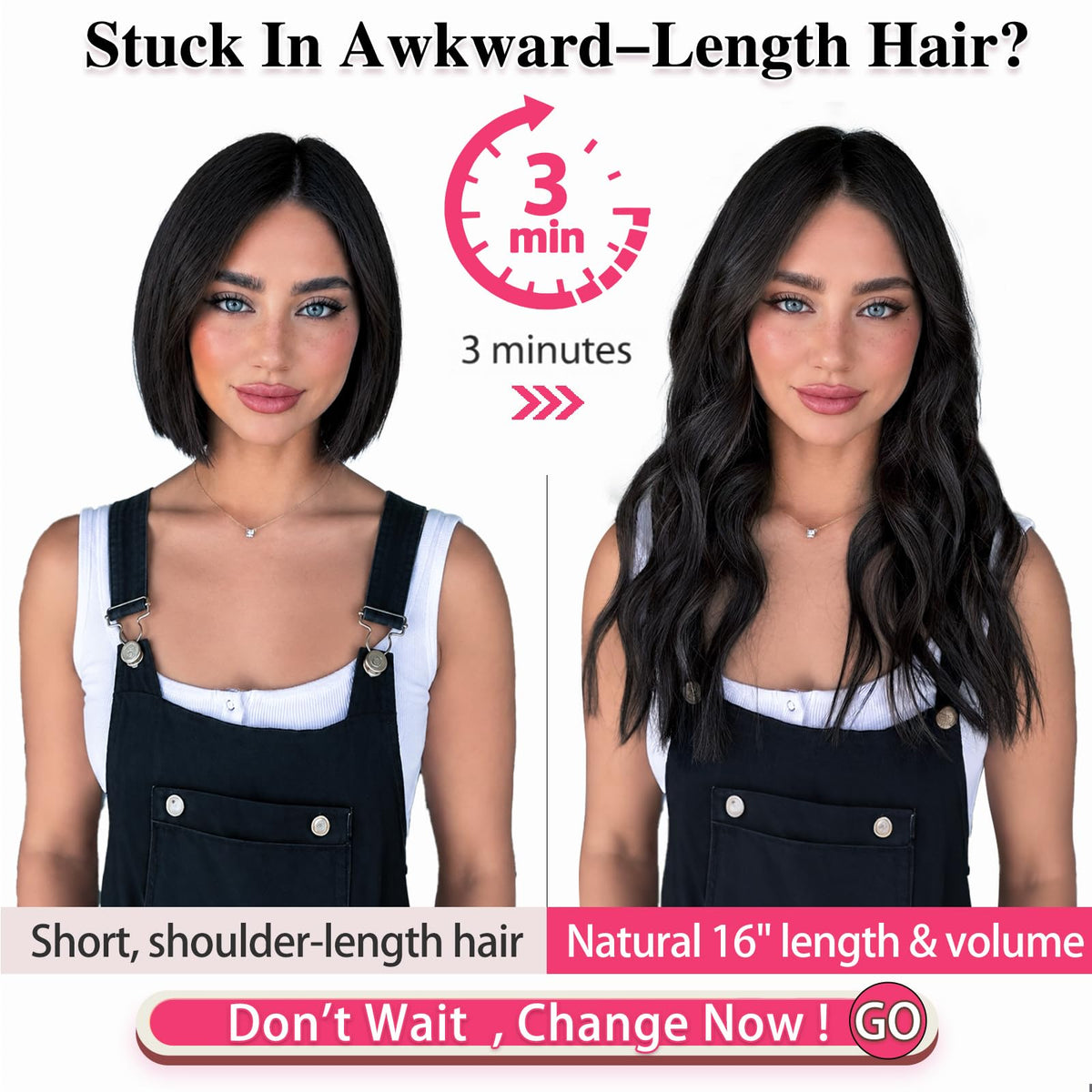 ALXNAN Wavy Clip in Hair Extensions 16-inch black packaging