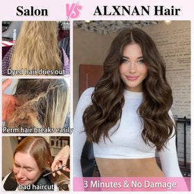 ALXNAN Wavy Clip in Hair Extensions 16-inch Chocolate Brown close-up of clips