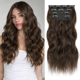 ALXNAN Wavy Clip in Hair Extensions 16-inch Chocolate Brown front view