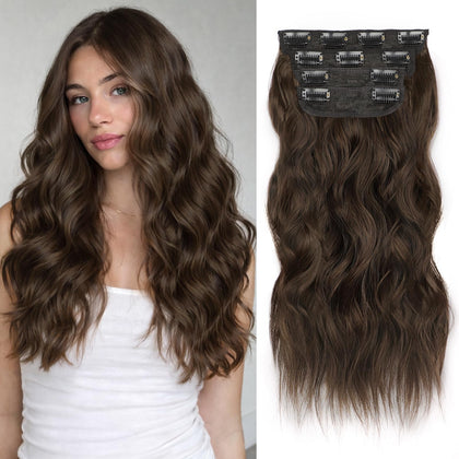 ALXNAN Wavy Clip in Hair Extensions 16-inch Chocolate Brown front view