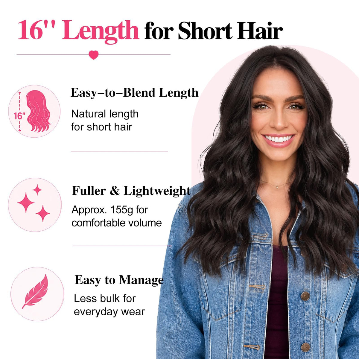 ALXNAN Wavy Clip in Hair Extensions 16 inch Dark Brown back view