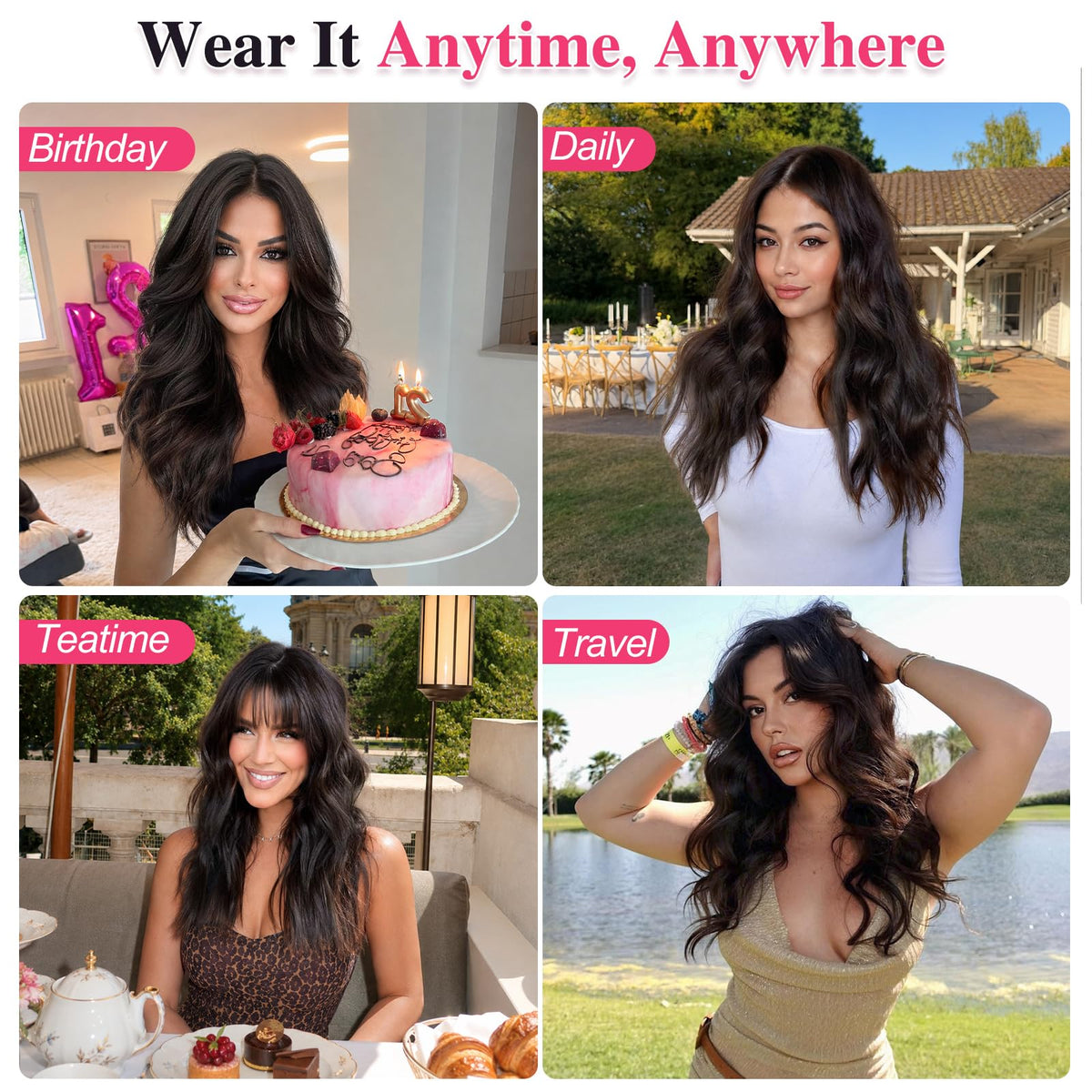 ALXNAN Wavy Clip in Hair Extensions 16 inch Dark Brown close-up