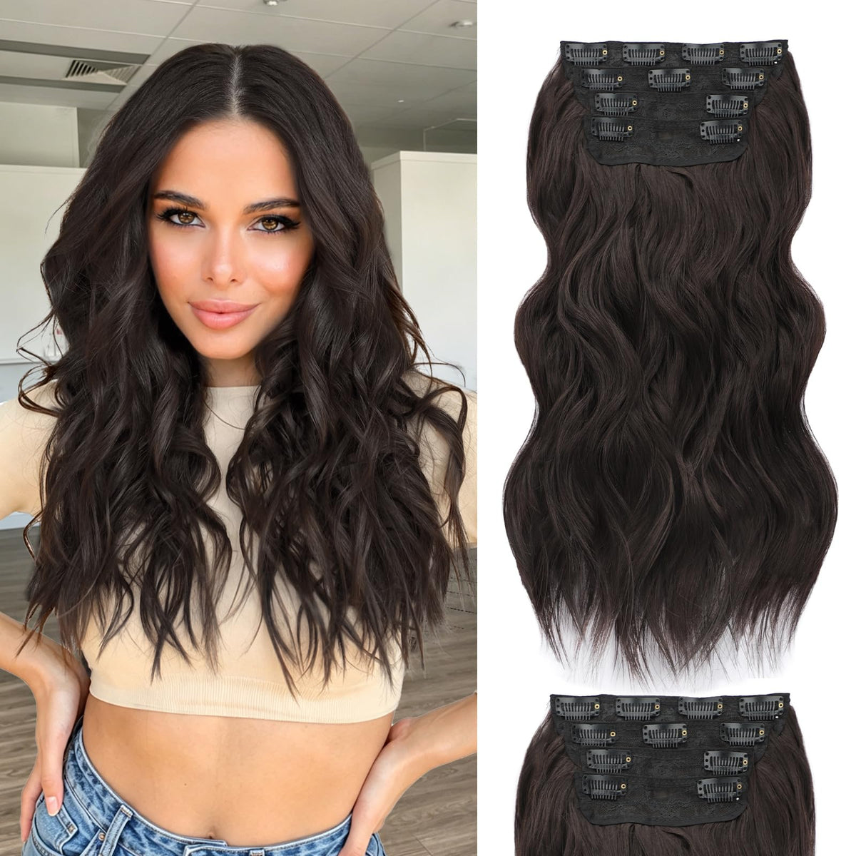 ALXNAN Wavy Clip in Hair Extensions 16 inch Dark Brown front view