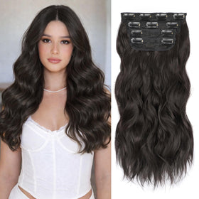 ALXNAN Wavy Clip in Hair Extensions 16" Natural Black front view