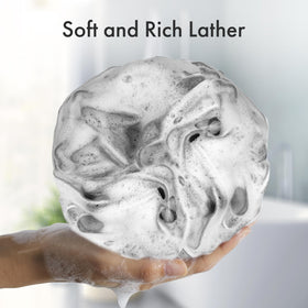 AmazerBath Bath Loofah Sponge hanging from ribbon for easy storage