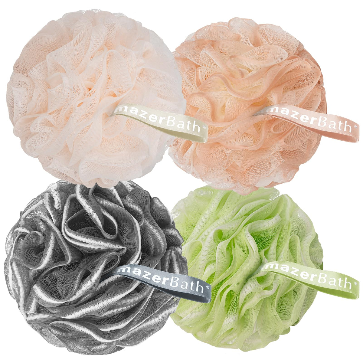 AmazerBath Bath Loofah Sponge pack of 4 in light orange, green, grey, and beige
