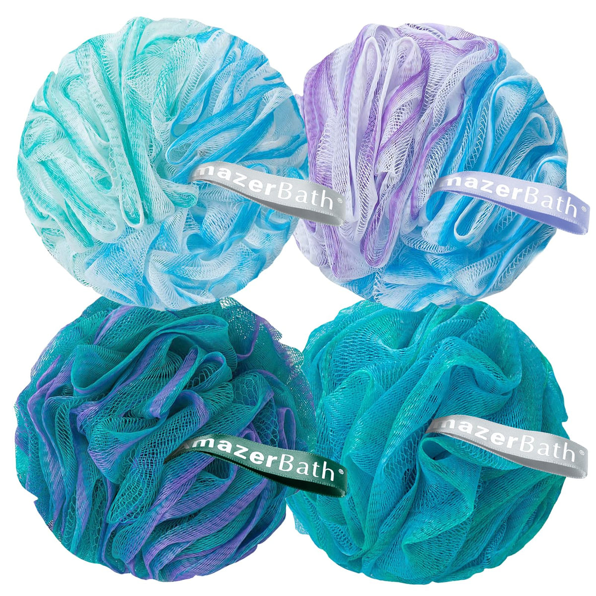 AmazerBath Charcoal Loofah Sponge Set of 4 in green, purple, and blue