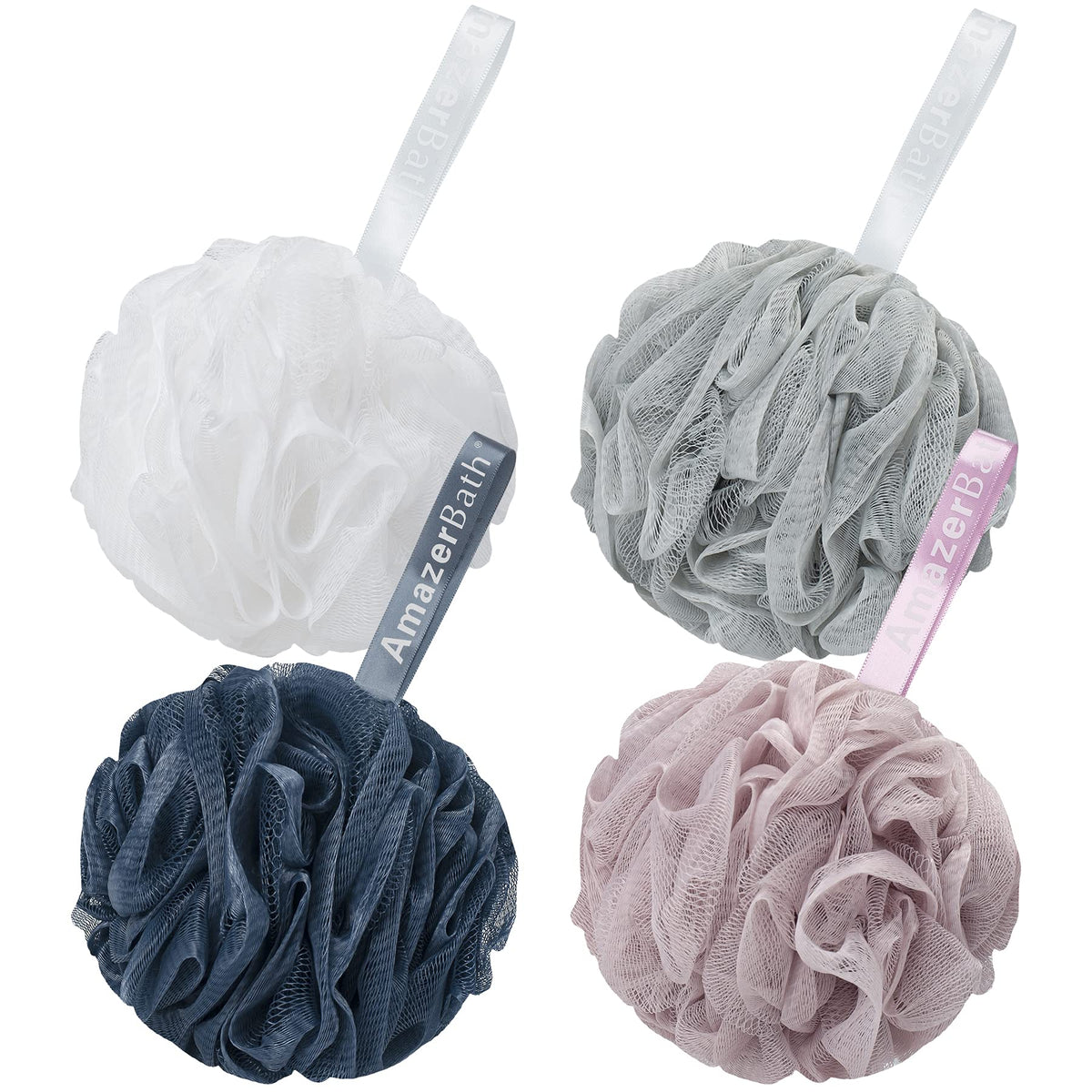 AmazerBath Loofah Sponge Set of 4 in grey, blue, pink, and white