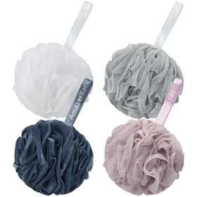 AmazerBath Loofah Sponge Set of 4 in grey, blue, pink, and white