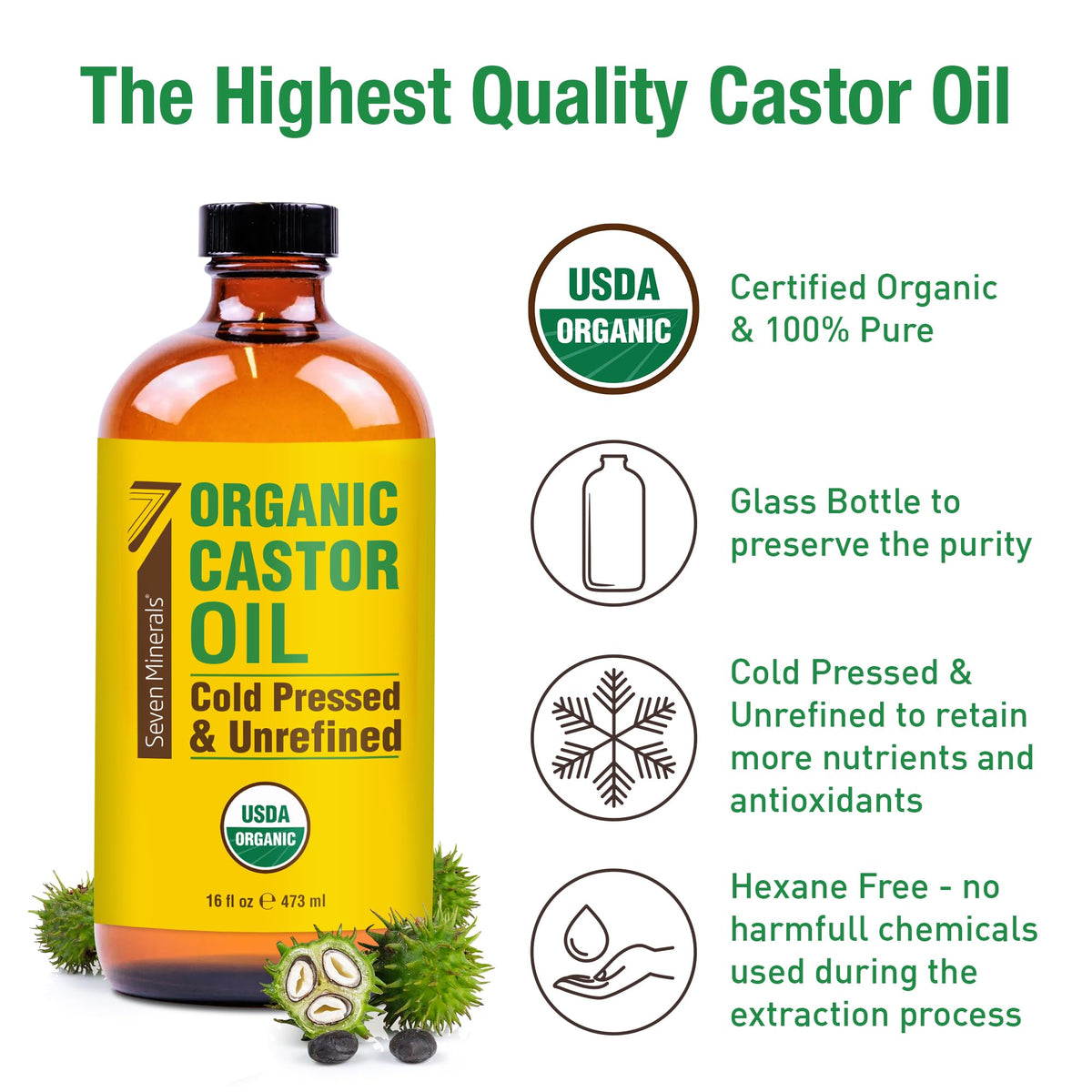 Amber glass bottle of Seven Minerals Organic Castor Oil