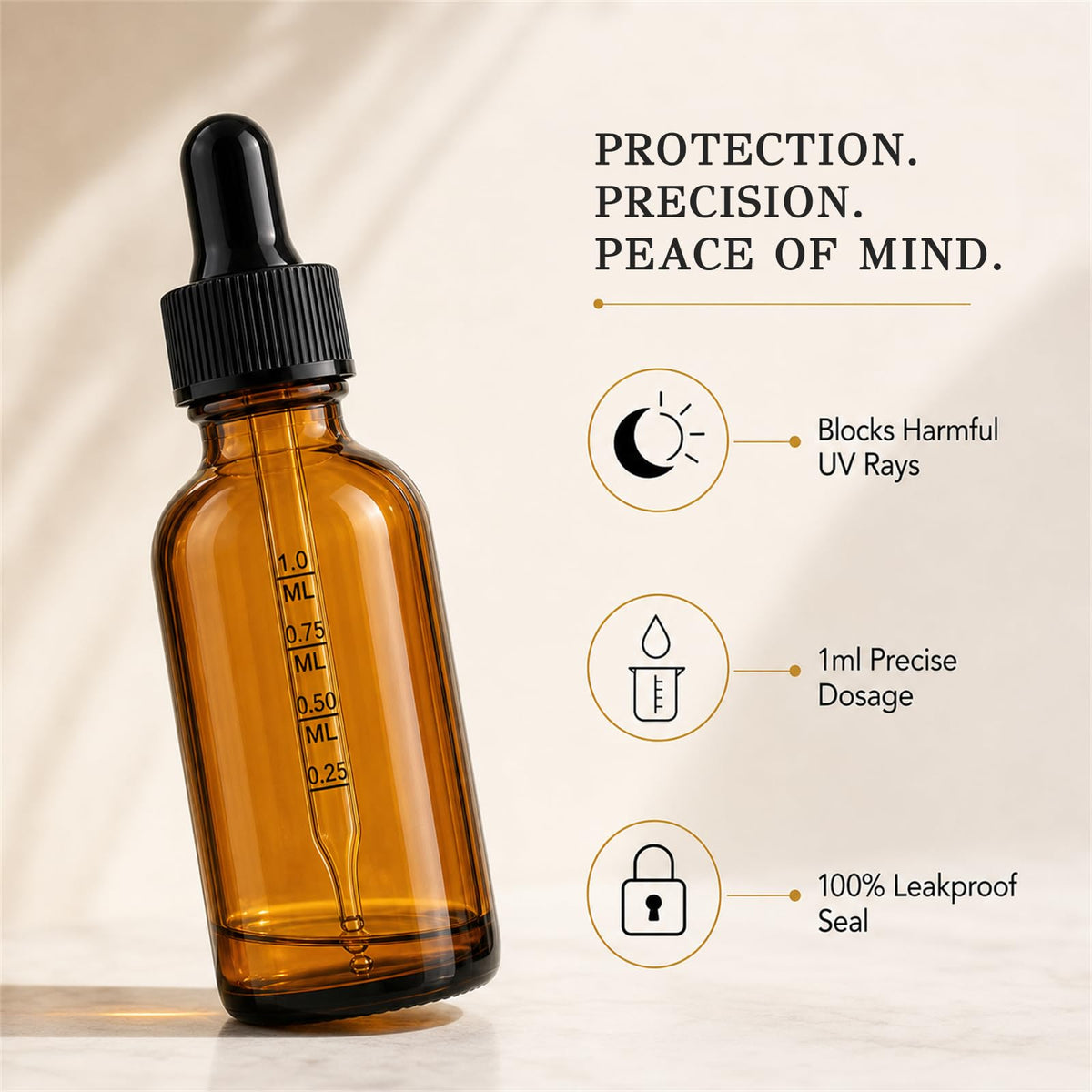 Amber glass dropper bottle with silicone tip close-up