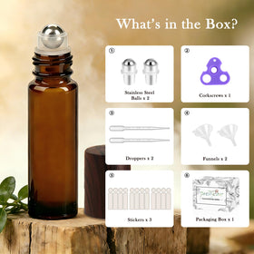 Amber glass roller bottle with stainless steel roller ball