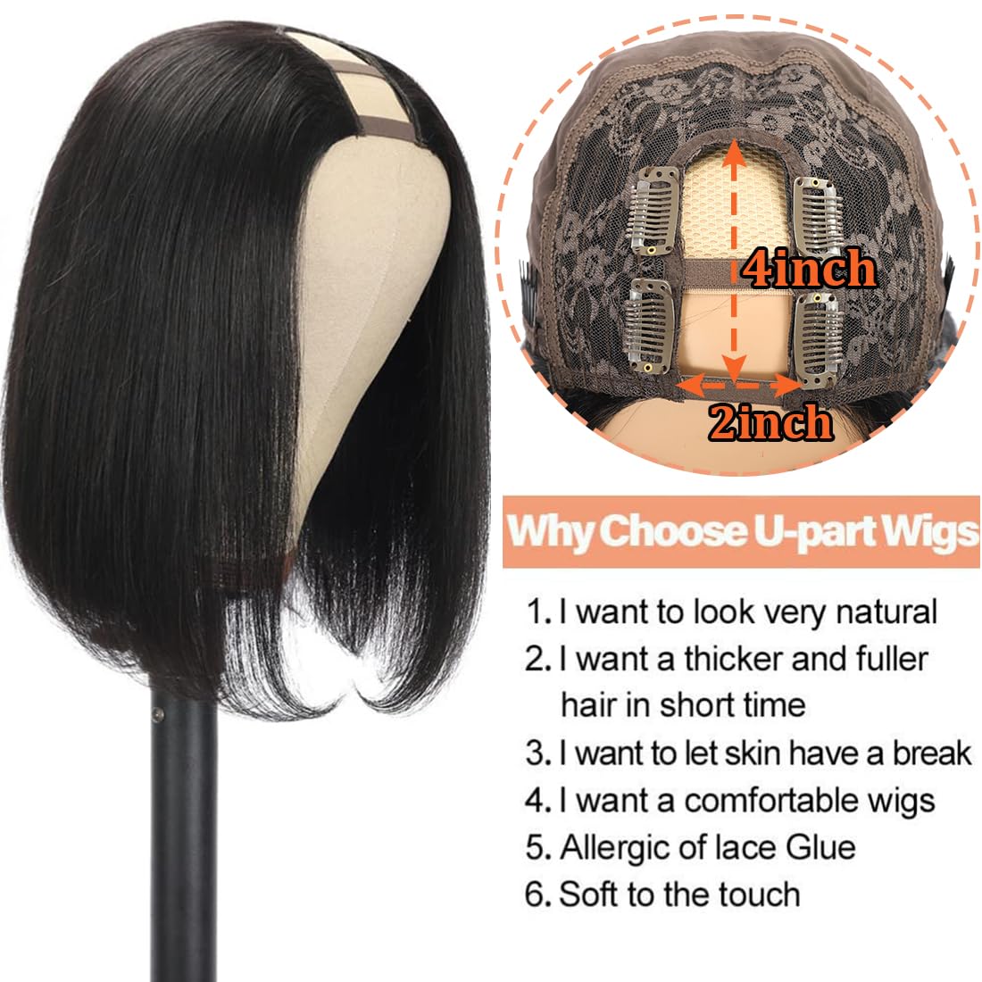 Amella U Part Wig 10inch straight bob showing U part design