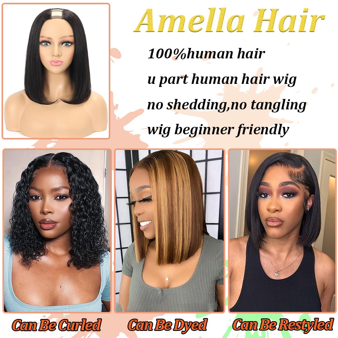 Amella U Part Wig 10inch straight bob side view