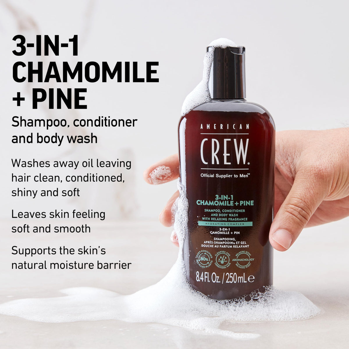 AMERICAN CREW 3-in-1 Shampoo & Body Wash back label with instructions