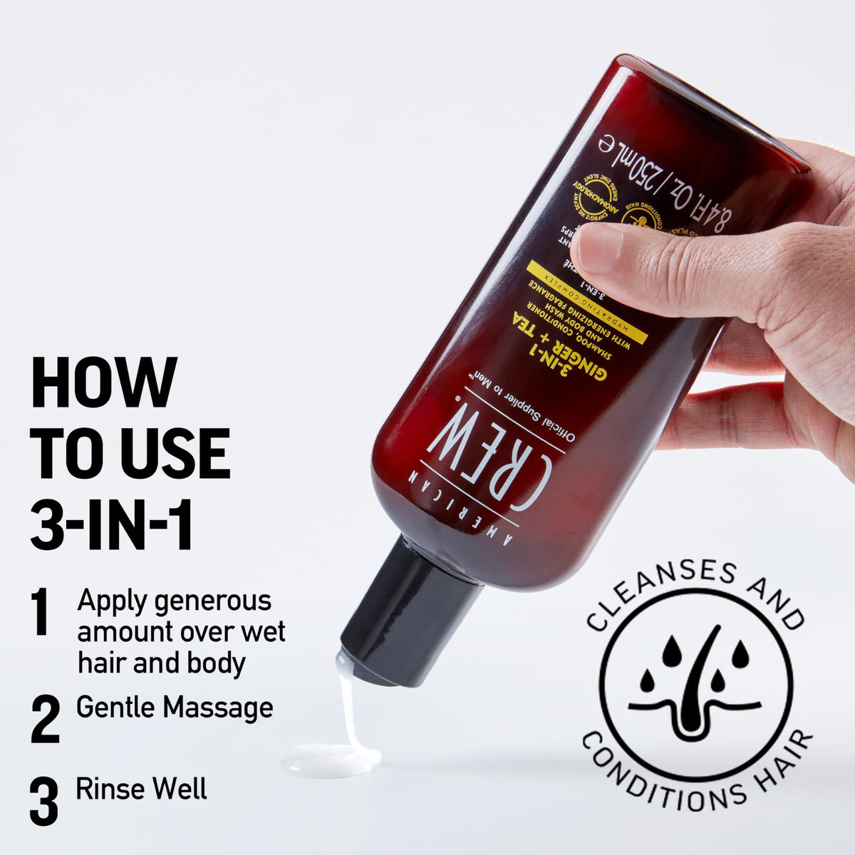 AMERICAN CREW 3-in-1 Shampoo & Body Wash, Ginger & Tea on a shelf