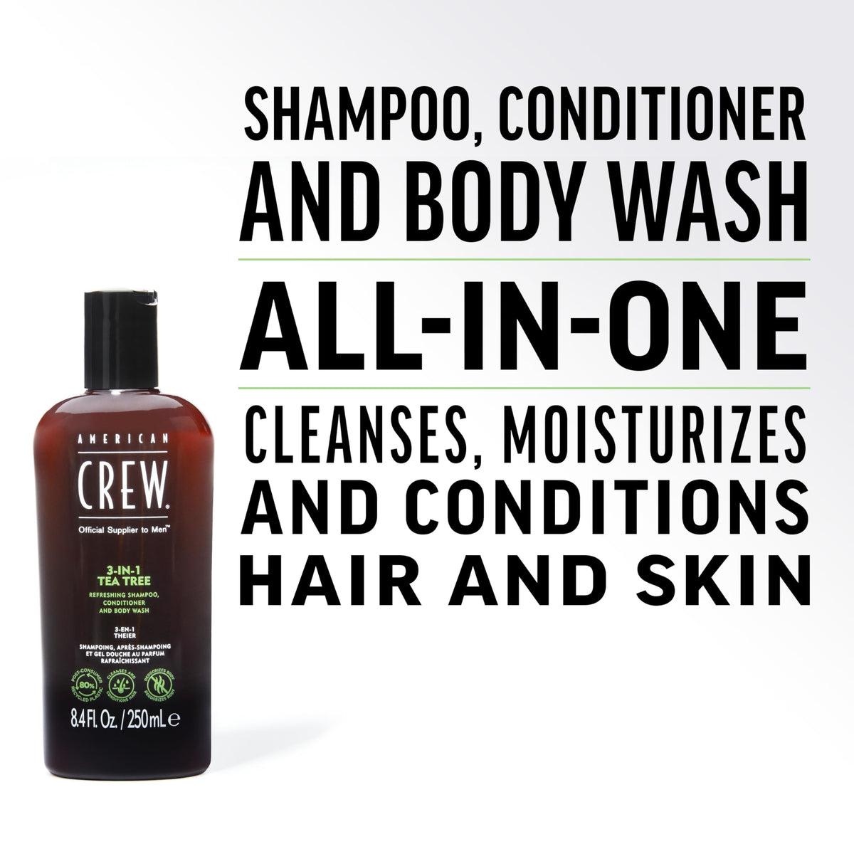AMERICAN CREW 3-in-1 Tea Tree Shampoo, Conditioner & Body Wash side view