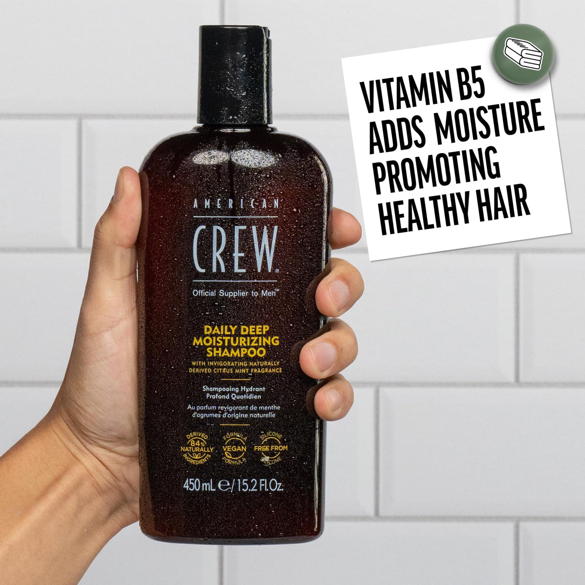 AMERICAN CREW shampoo in a bathroom setting