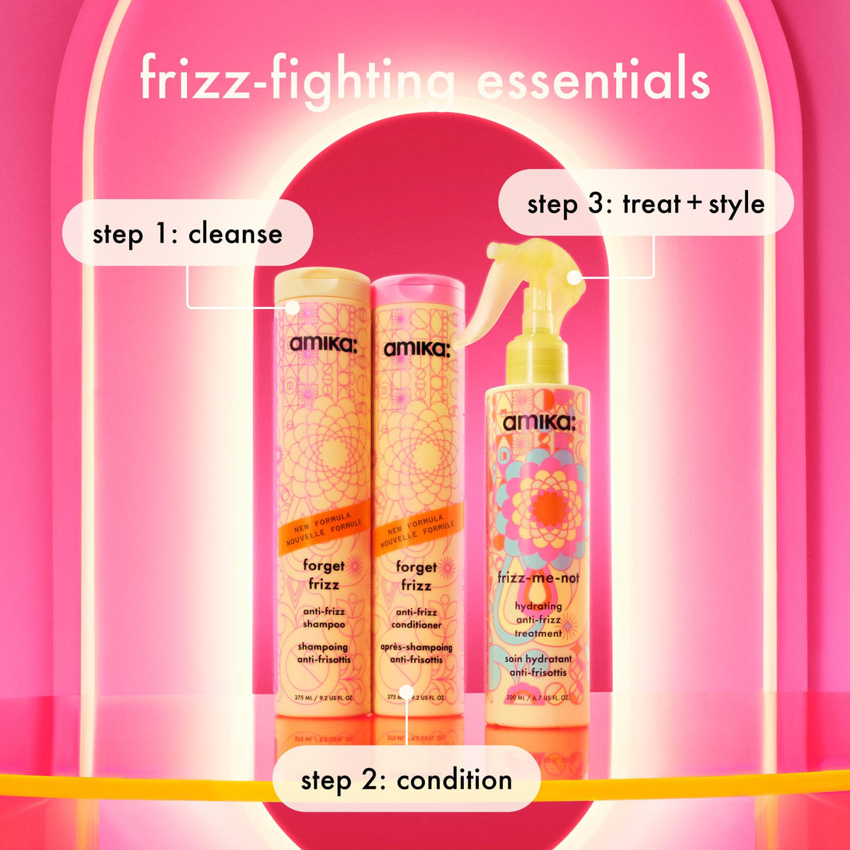 Amika Forget Frizz Anti-Frizz Shampoo 275ml with other hair products
