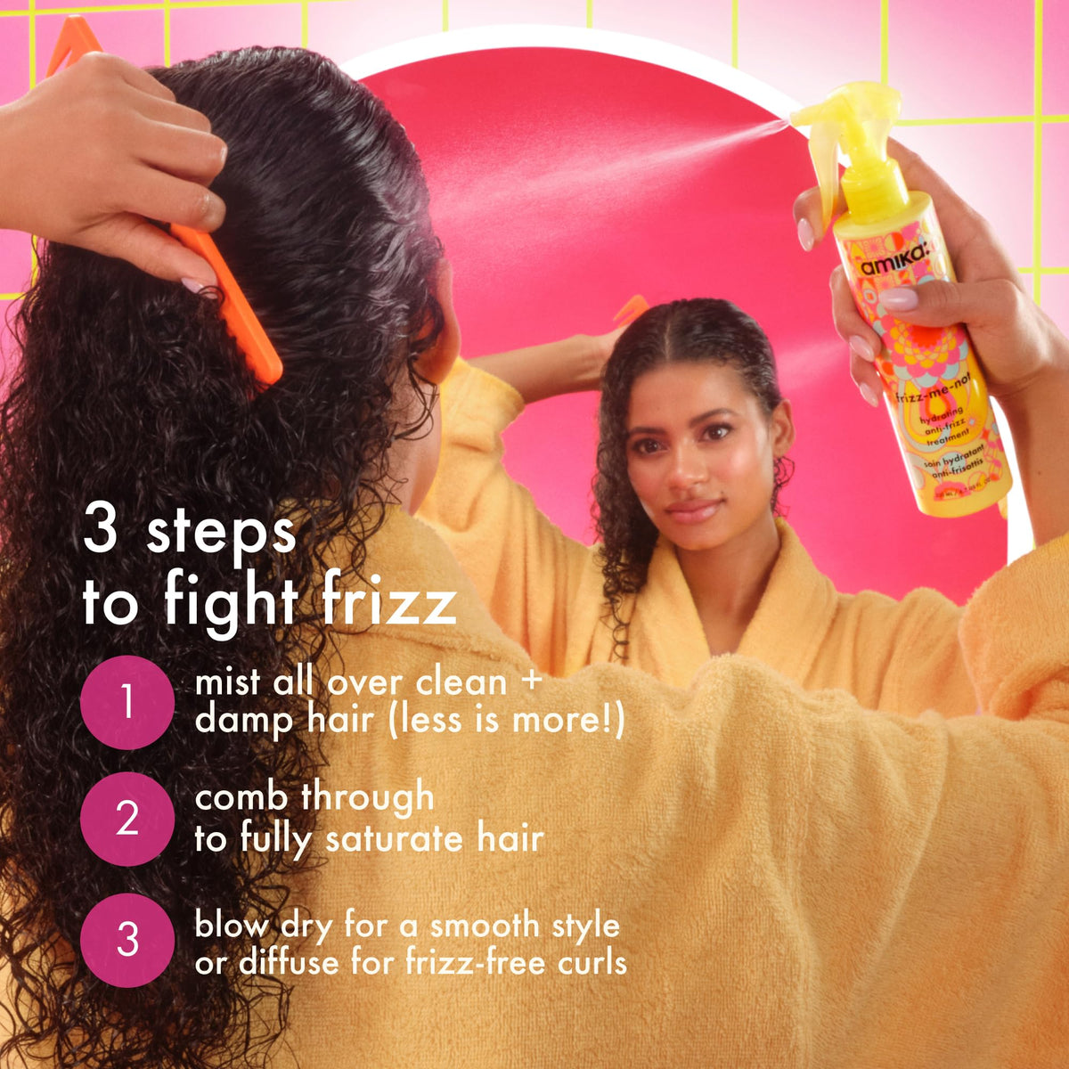 Amika Frizz-Me-Not Hydrating Anti-Frizz 60ml on a vanity