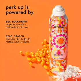 Amika Perk Up Dry Shampoo on a bathroom shelf