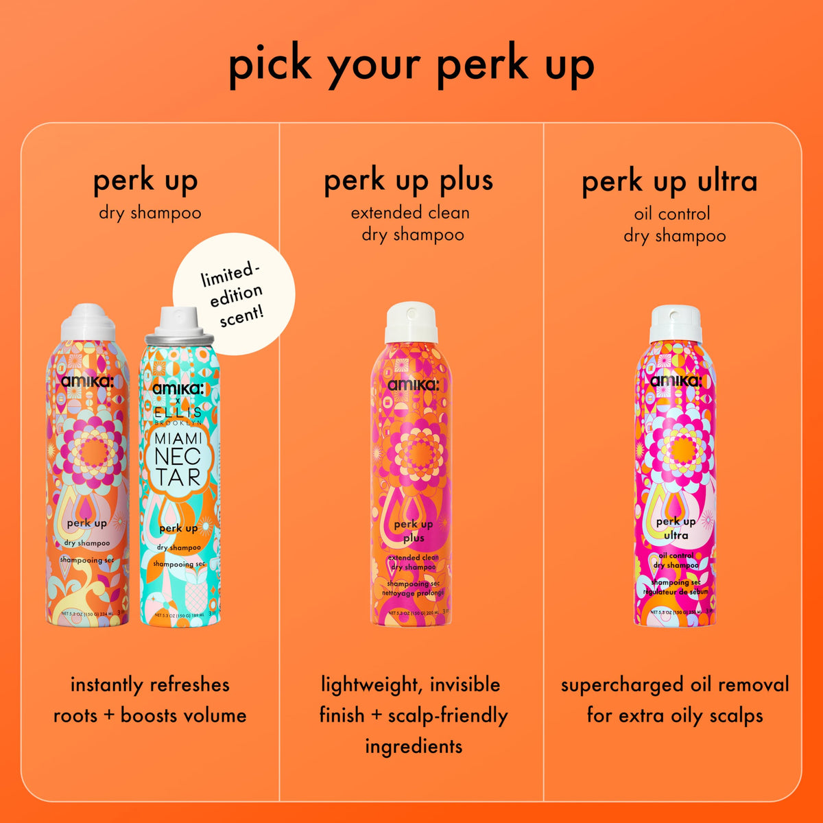 Amika Perk Up Dry Shampoo with hair styling tools