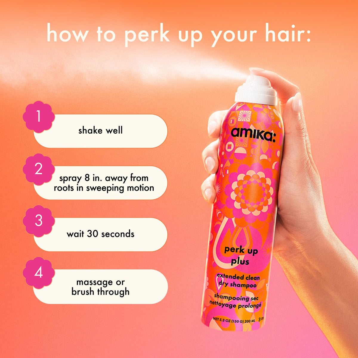 Amika Perk Up Plus Dry Shampoo with hairbrush and hair accessories