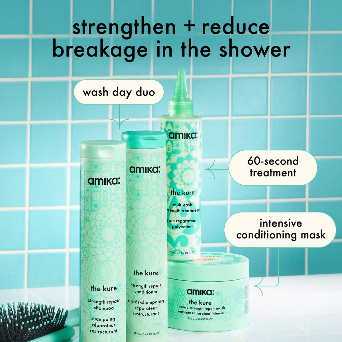 Amika The Kure shampoo bottle with floral background