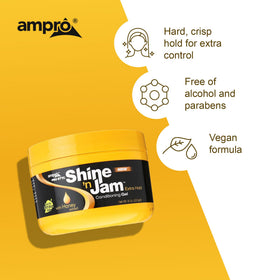 AmPro Shine-n-Jam Maximum Hold Gel on a vanity with hair styling tools