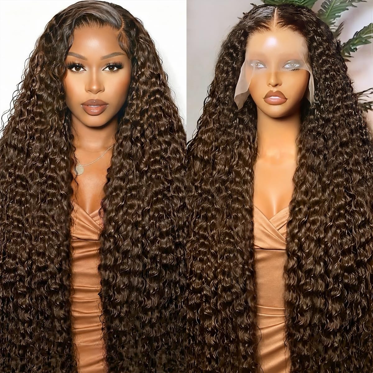 Amyes Chocolate Brown Human Hair Wig front view with deep wave texture