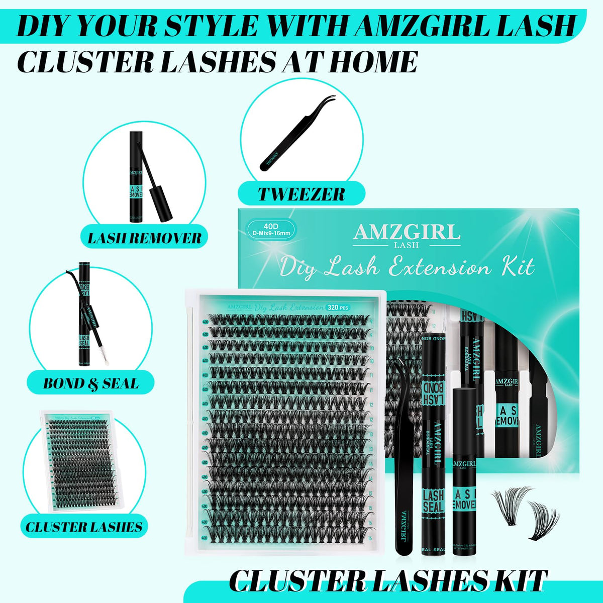 AMZGIRL LASH Fluffy Lash Clusters Kit contents including lash clusters and tools
