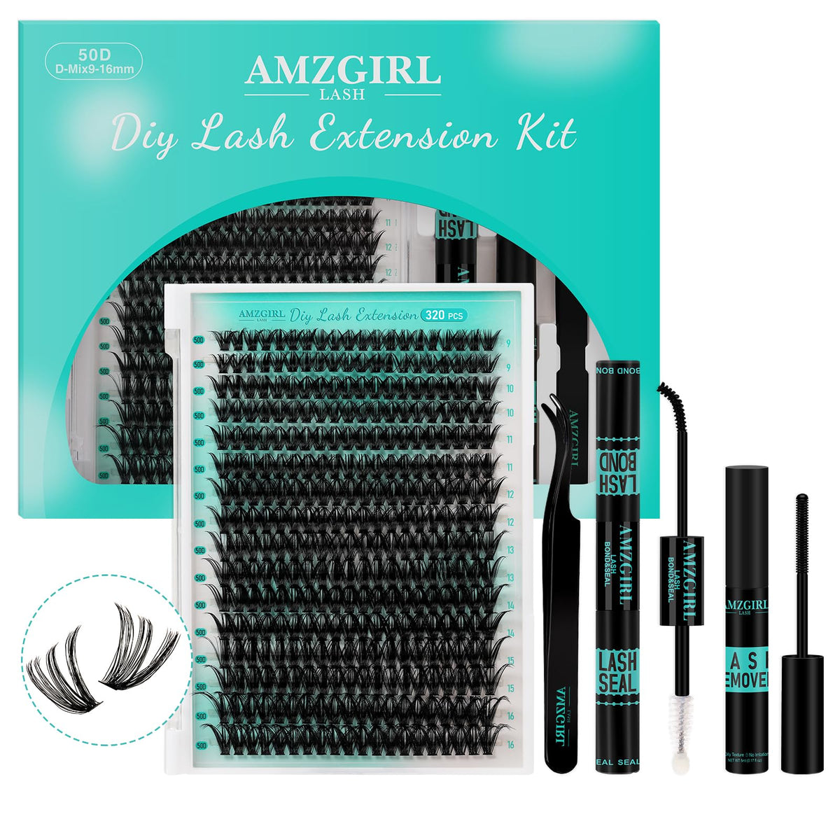 AMZGIRL LASH Lash Clusters Kit 320Pcs with applicator and sealant