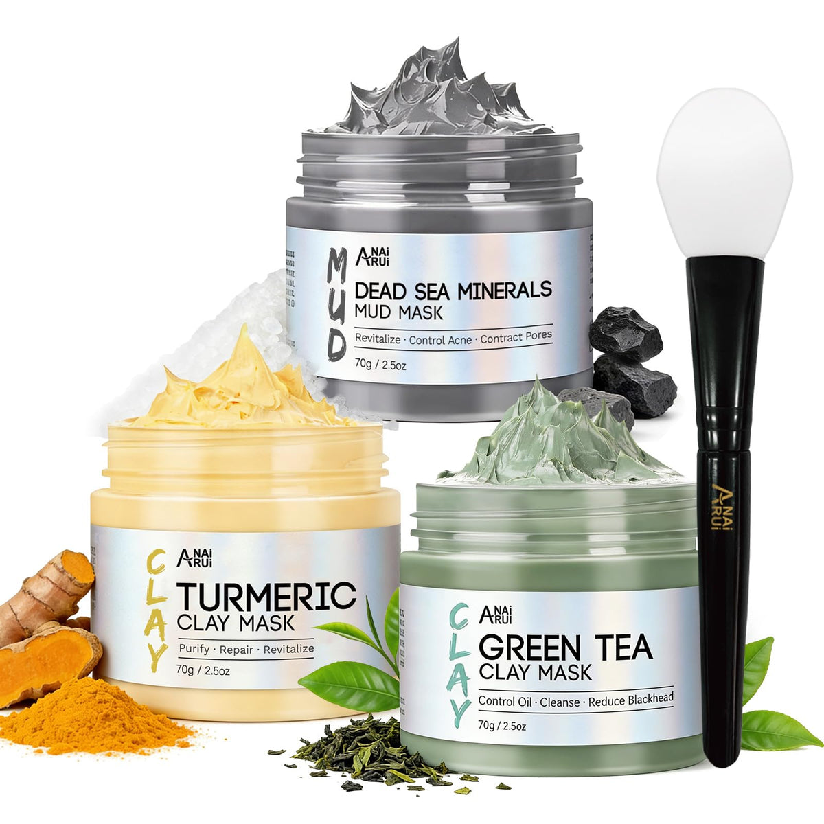 ANAI RUI 3-Pcs Face Mask Set including Turmeric, Green Tea, Dead Sea masks front view