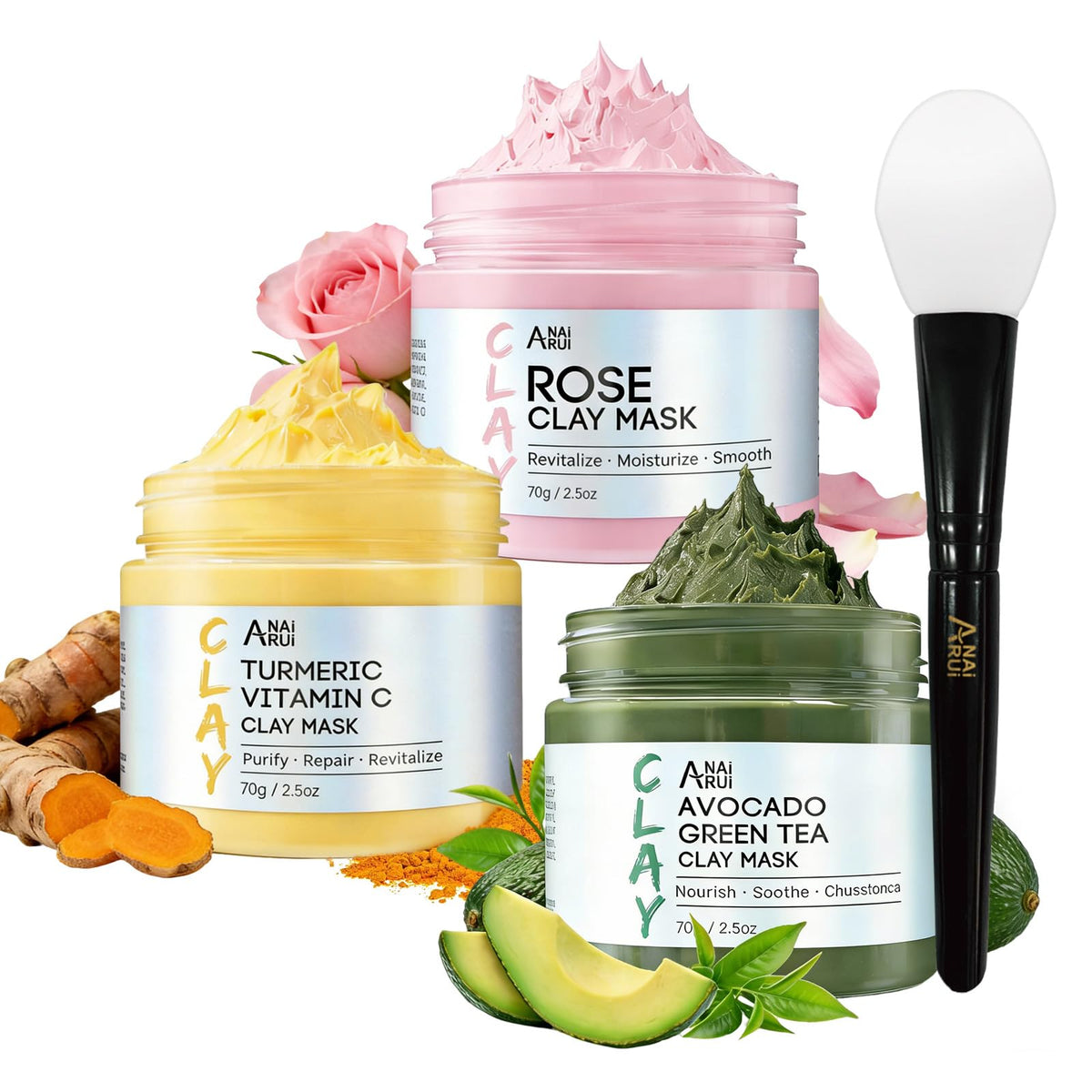 ANAI RUI Clay Mask Set including Rose, Turmeric, and Avocado masks