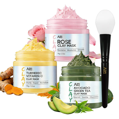 ANAI RUI Clay Mask Set including Rose, Turmeric, and Avocado masks